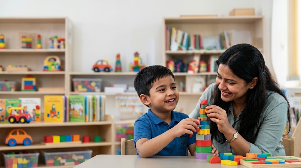 Mother and child playing with building blocks